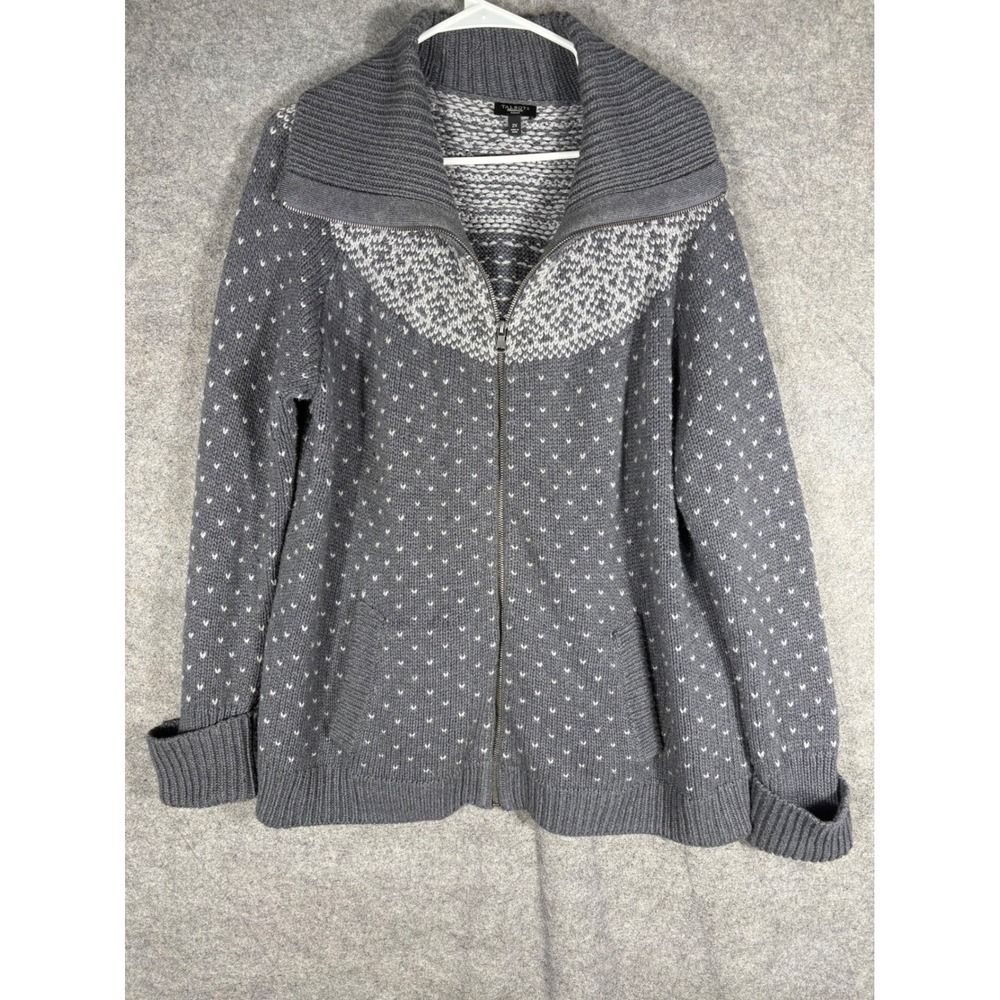 Talbots Woman Gray Fair Isle Full Zip Cardigan Sweater Hearts Wool Blend 2X